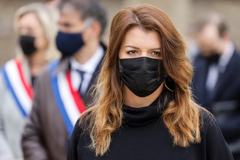 Marlene Schiappa attends a remembrance service for Stephanie Monferme, a police employee who was murdered, Rambouillet, Paris, France, Apr. 30, 2021. (Reuters)