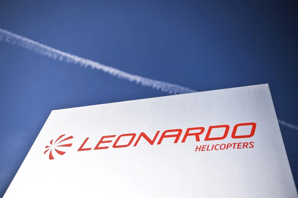 The logo of Italian aerospace, defense and security company Leonardo Helicopters company is pictured at a factory on Jan. 30, 2018 in Vergiate, near Milan. (File/AFP)