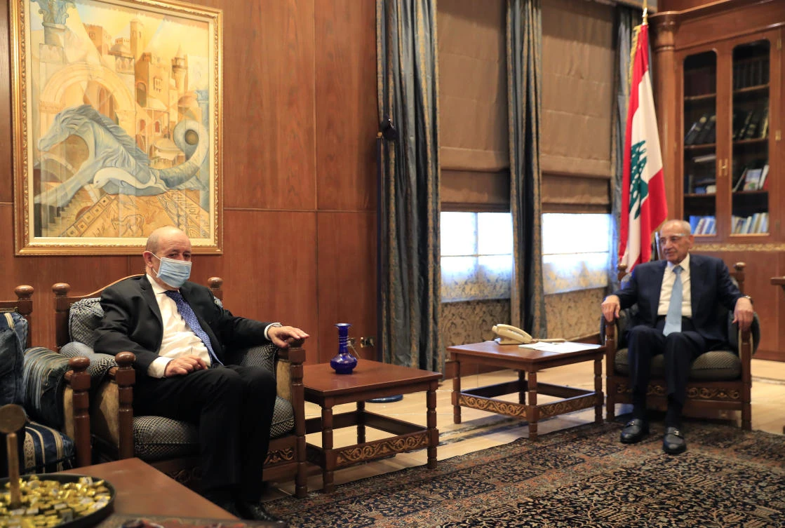 French Foreign Minister Jean-Yves Le Drian, left, meets with Lebanese Parliament Speaker Nabih Berri in Beirut, Lebanon, Thursday, May 6, 2021. (AP Photo)