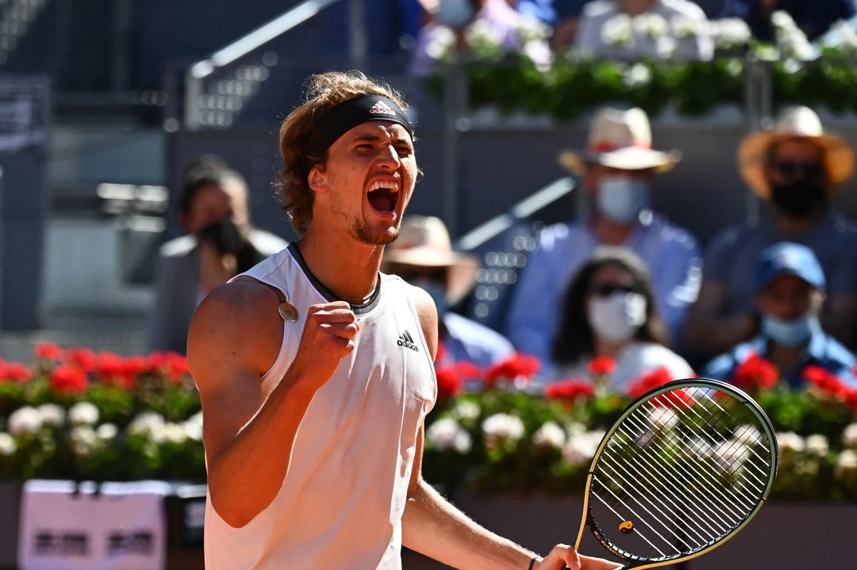 Germany's Alexander Zverev celebrates winning against Rafael Nadal during their singles quarter-final match n Madrid on May 7, 2021. (AFP)