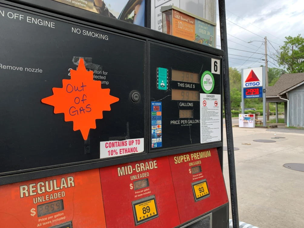 An “out of gas” sticker is seen on a gas pump at a gas station in Waynesville, North Carolina, after a gasoline supply crunch caused by the Colonial Pipeline hack. (Reuters)