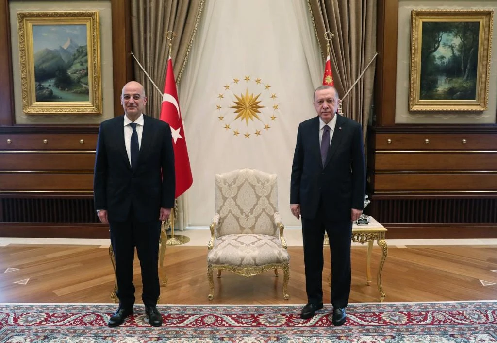 President Recep Tayyip Erdogan receives Greek FM Nikos Dendias at the Presidential Complex in Ankara. (File/AFP)