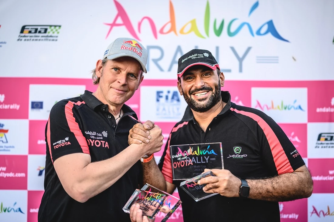 Zitzewitz and Al-Rajhi celebrate their podium finish at the Andalucia Rally. (Yazeed Racing)