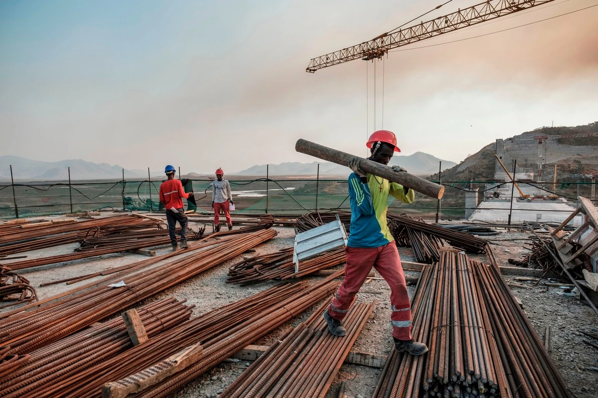 A construction team at work on the Grand Ethiopian Renaissance Dam in Ethiopia, December 26, 2019. (AFP)