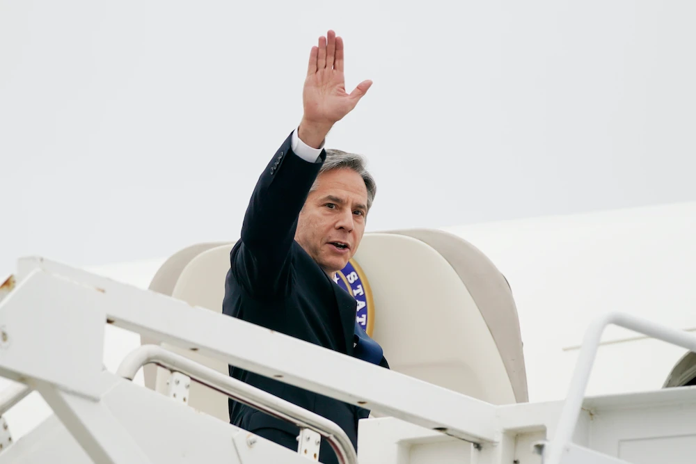 Secretary of State Antony Blinken waves as he departs, Monday, May 24, 2021, at Andrews Air Force Base, Md. Blinken is en route to the Middle East. (AP)