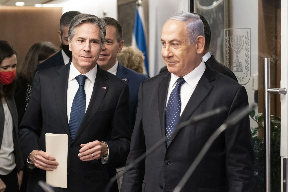 Secretary of State Antony Blinken speaks during a joint statement with Israeli Prime Minister Benjamin Netanyahu at the Prime Minister's office, Tuesday, May 25, 2021, in Jerusalem, Israel. (AP)