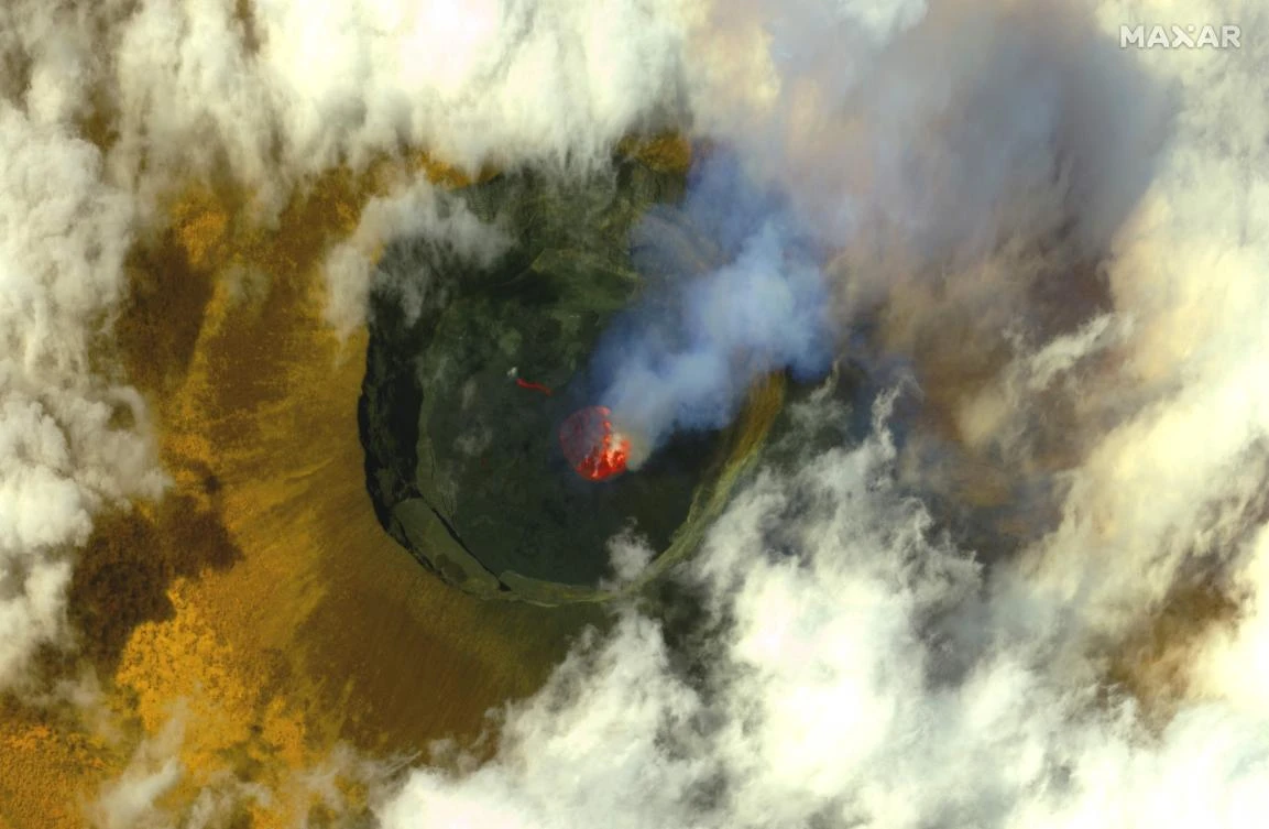 Above, Mount Nyiragongo volcano near Goma, Democratic Republic of Congo, in this handout satellite image released on May 25, 2021 by Maxar Technologies. (Maxar Technologies/AFP)