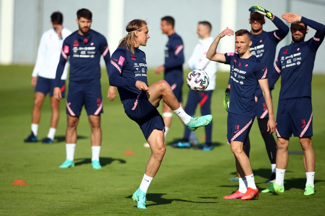 Croatia's Domagoj Vida and national teammates during training at Stadion Valbruna in Rovinj, Croatia, in preparation for Euros 2020. (Reuters)
