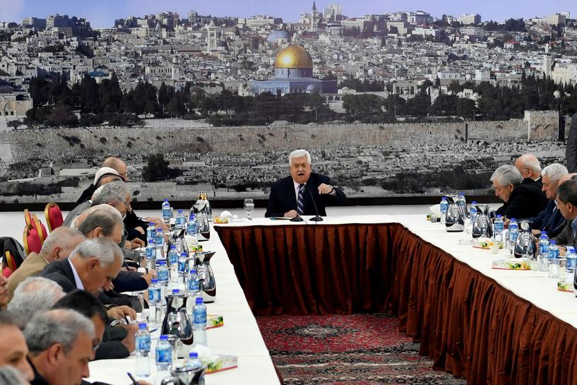 Palestinian President Mahmoud Abbas speaks at a meeting with the Palestinian leadership, Ramallah, West Bank, Mar. 19, 2018. (Reuters)