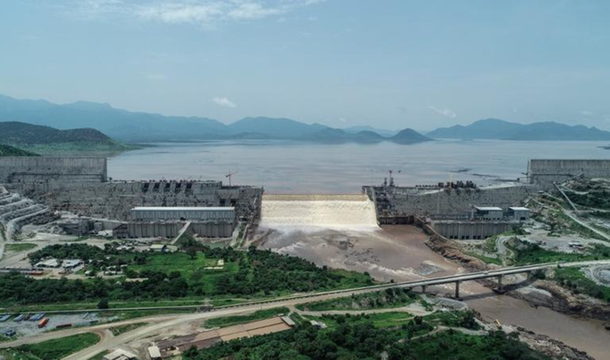 An aerial view of the Grand Ethiopian Renaissance Dam on the Blue Nile River in Guba, northwest Ethiopia. (AFP)
