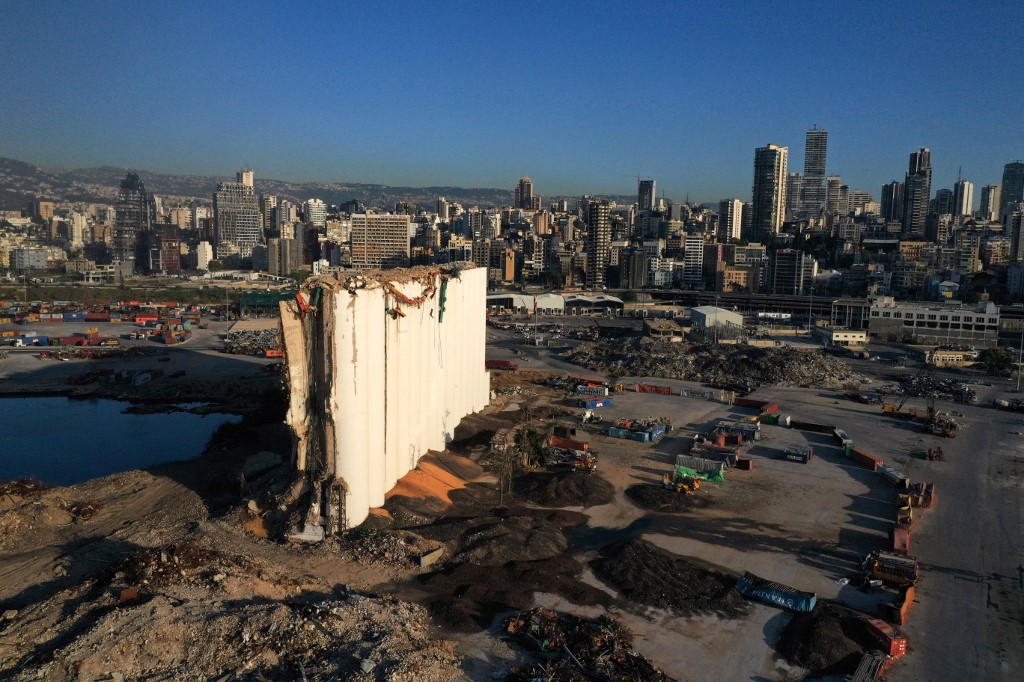An areal view shows Beirut port with the grain silos in the foreground. (File/AFP)
