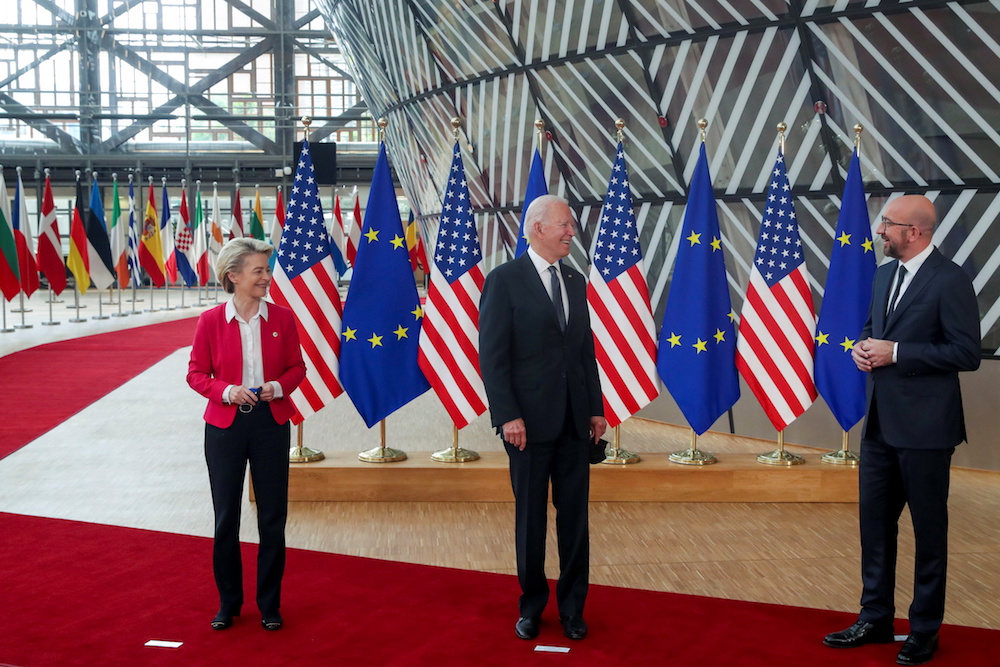 Ursula von der Leyen, Joe Biden and Charles Michel during the EU-US summit, Brussels, Belgium, June 15, 2021. (Reuters)