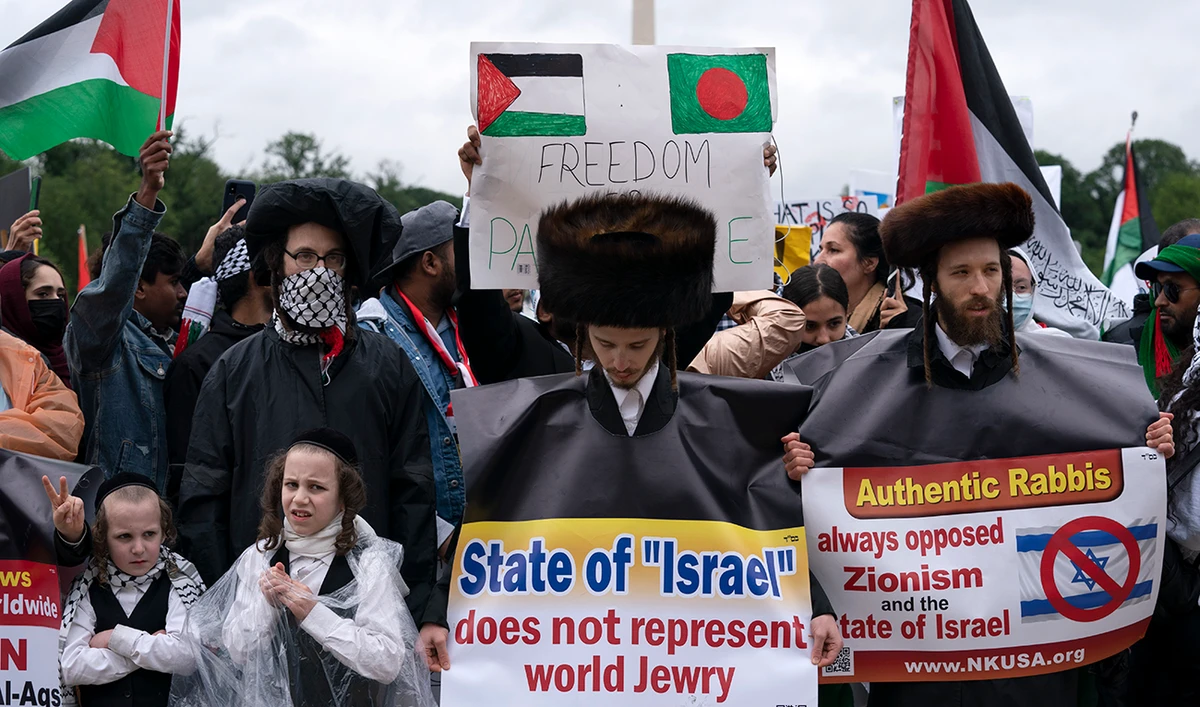 Members of a Jewish community join supporters of the Palestinians during the National March for Palestine demonstration at Lincoln Memorial, in Washington, Saturday, May 29. 2021. (AP)
