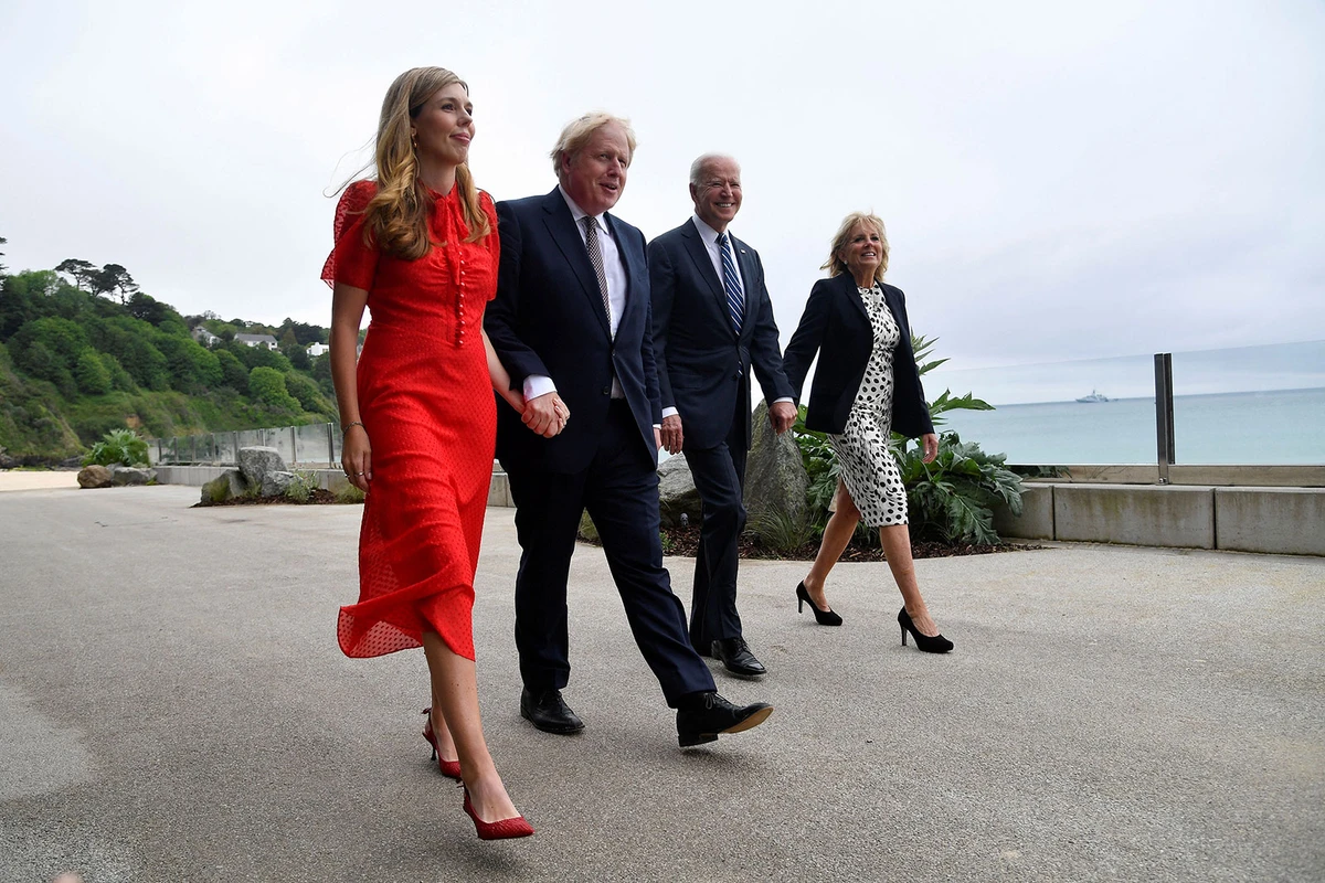 Carrie Johnson, Boris Johnson, Joe Biden and Jill Biden, Carbis Bay, Cornwall, Thursday, June 10, 2021. (AFP)