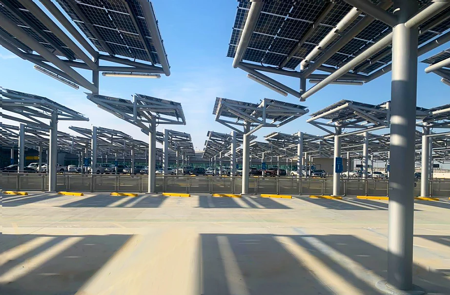 The three-megawatt (MW) solar photovoltaic (PV) project is installed on the car shading at the short-term car park of the Midfield Terminal at the airport. (Supplied)