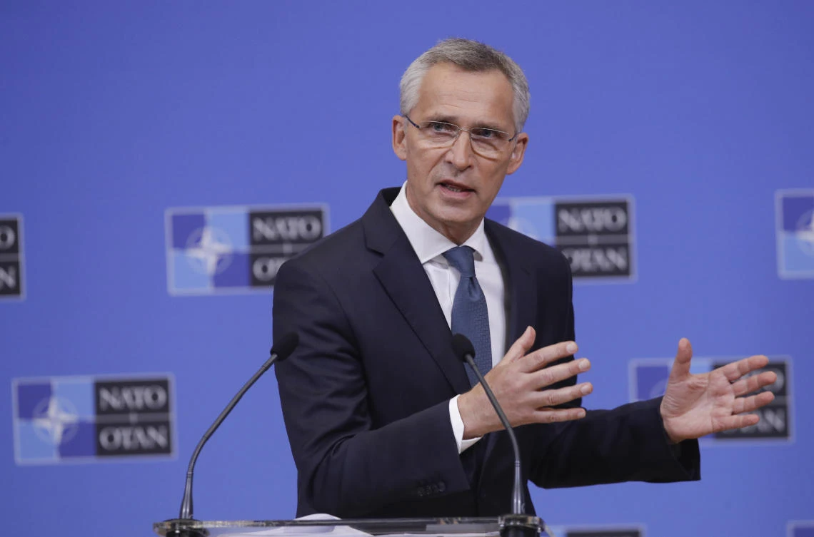 Jens Stoltenberg, NATO Secretary General, speaks during a press briefing ahead to an online NATO Foreign and Defense Ministers’ meeting at the NATO headquarters in Brussels. (FILE/AP)
