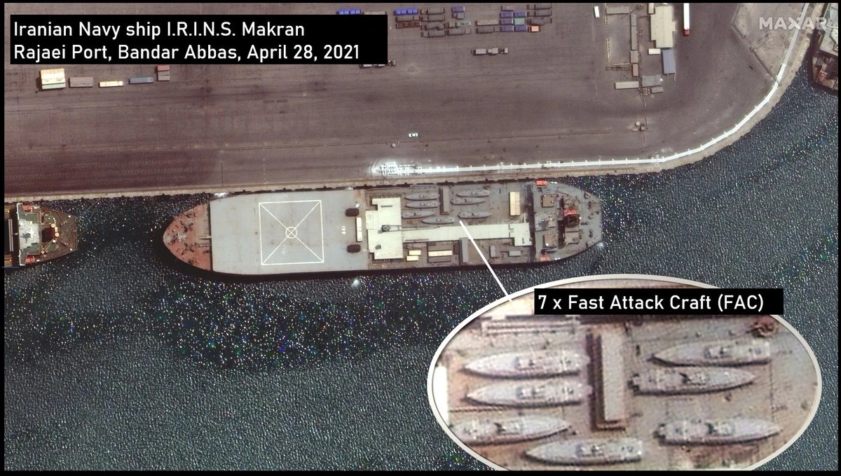 Iranian warship thought to be headed to Venezuela left port with seven high-speed missile boats aboard. (Maxar Technologies)