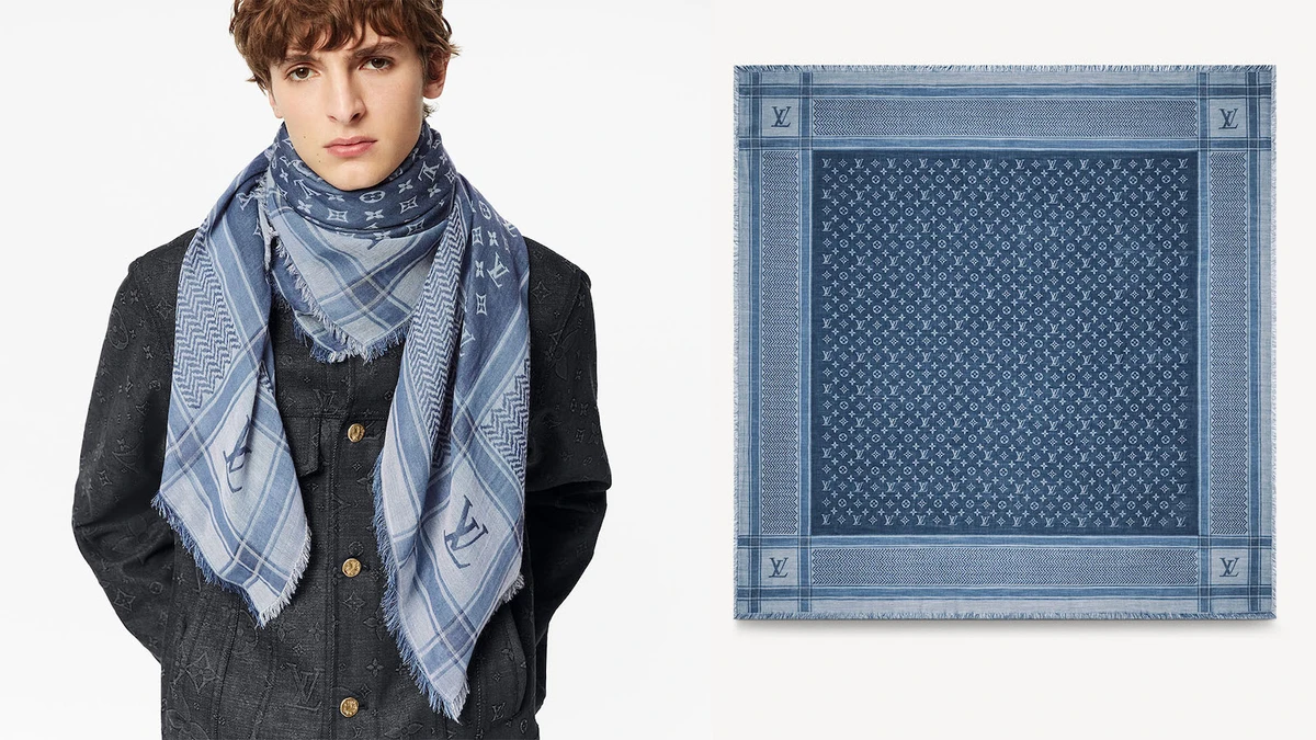 The brand is offering a blue checkered wrap-up decorated with Louis Vuitton’s monogram design and the distinctive cultural pattern. (Louis Vuitton)