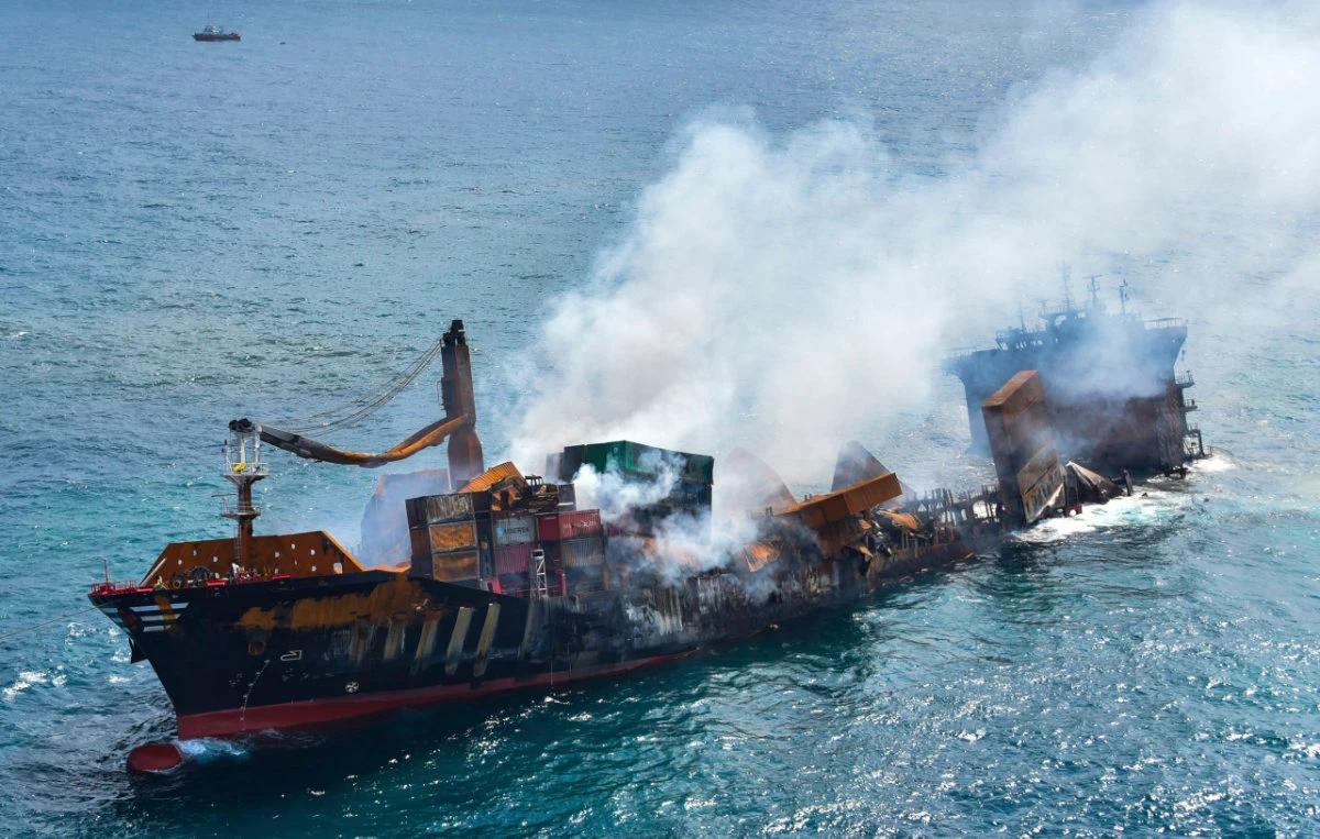 This photo provided by Sri Lankan Air Force shows the sinking MV X-Press Pearl at Kapungoda where it is anchored off Colombo port, Sri Lanka, on June 2, 2021. (AP)