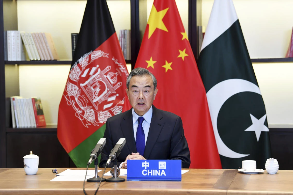 In this photo released by Xinhua News Agency, Chinese Foreign Minister Wang Yi hosts the 4th China-Afghanistan-Pakistan Foreign Ministers' Dialogue via video conference from Guiyang, southwestern China's Guizhou Province Thursday, June 3, 2021. (AP)