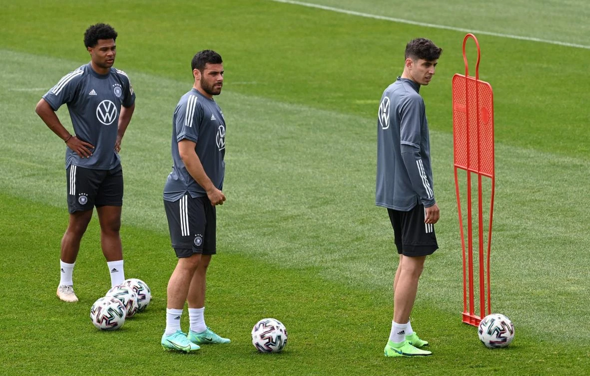 Germany's midfielders Serge Gnabry, Kai Havertz and Kevin Volland during training session in Austria where Germany’s national team attends training camp before EUROS 2020-2021. (AFP)