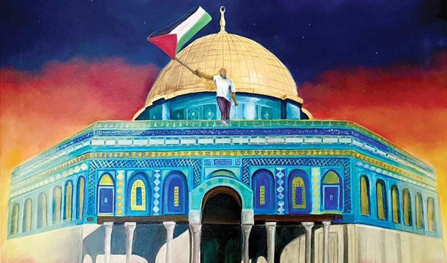 Inspired by her grandmother’s earliest memories of her house in Jerusalem when she was a child, Dalya Moumina created a vivid oil painting of the Dome of the Rock within Al-Aqsa Mosque and called it ‘Rise Again.’ (Social media)