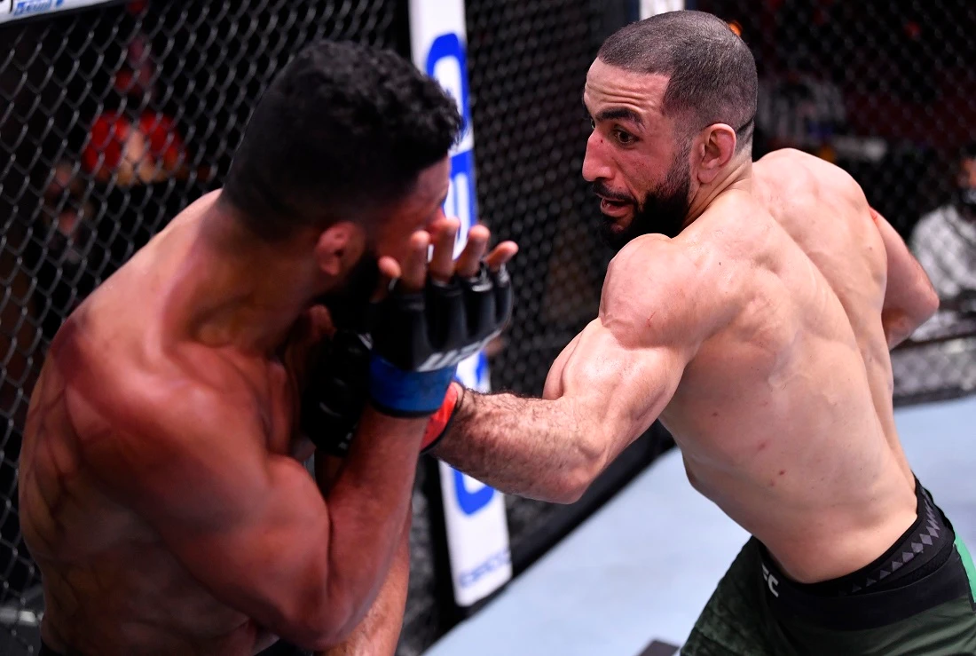 Belal Muhammad on his way to win in three rounds over Dhiego Lima at UFC 258. (UFC)