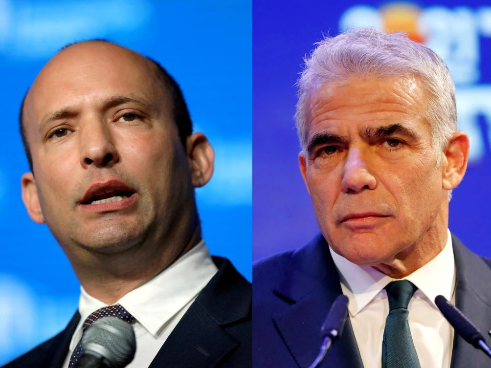 Israeli Education Minister Naftali Bennett, left, speaking in Jerusalem, May 14, 2018, and Yesh Atid party leader Yair Lapid delivering a speech in Tel Aviv, Israel, March 24, 2021. (Reuters)