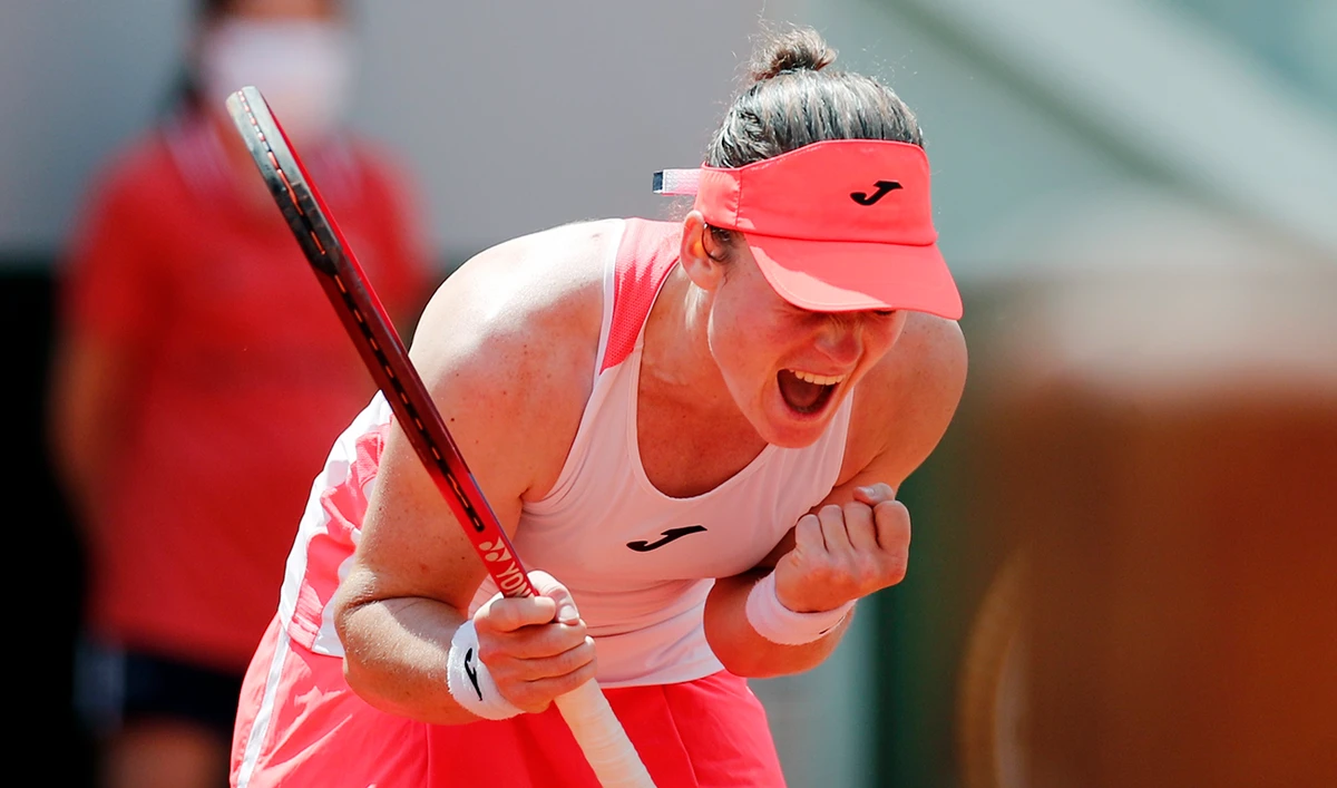 Slovenia’s Tamara Zidansek after winning her quarterfinal match against Spain’s Paula Badosa. (Reuters)