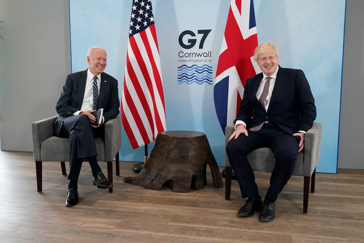 President Joe Biden and British Prime Minister Boris Johnson visit during a bilateral meeting ahead of the G-7 summit in Carbis Bay, England. (AP)