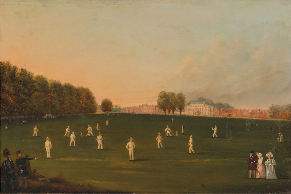 Painting of the first grand match of cricket played by members of the Royal Amateur Society on Hampton Court Green, August 3rd, 1836. (Artist unknown/Wikimedia Commons)