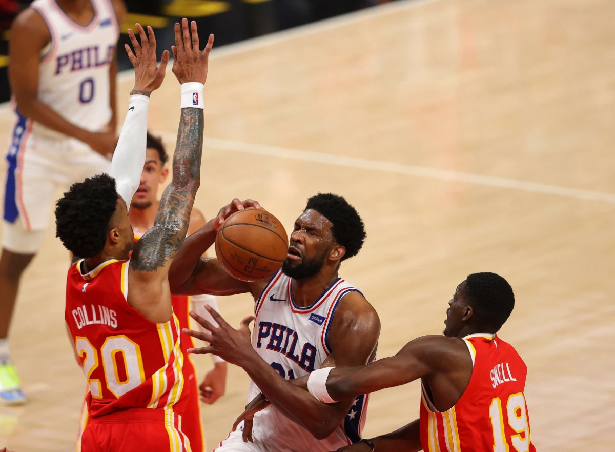 Joel Embiid of the 76ers draws a foul as he drives against the Atlanta Hawks during the first Game 3 of the Eastern Conference Semifinals on June 11, 2021 in Atlanta, Georgia. (Kevin C. Cox/Getty Images/AFP)