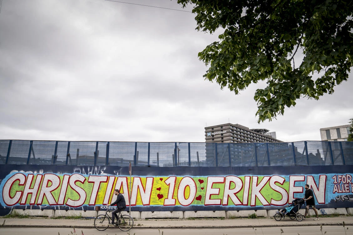 A mural encouraging Christian Eriksen near Rigshospitalet, in Copenhagen, Denmark, Monday, June 14, 2021. (AP Photo)