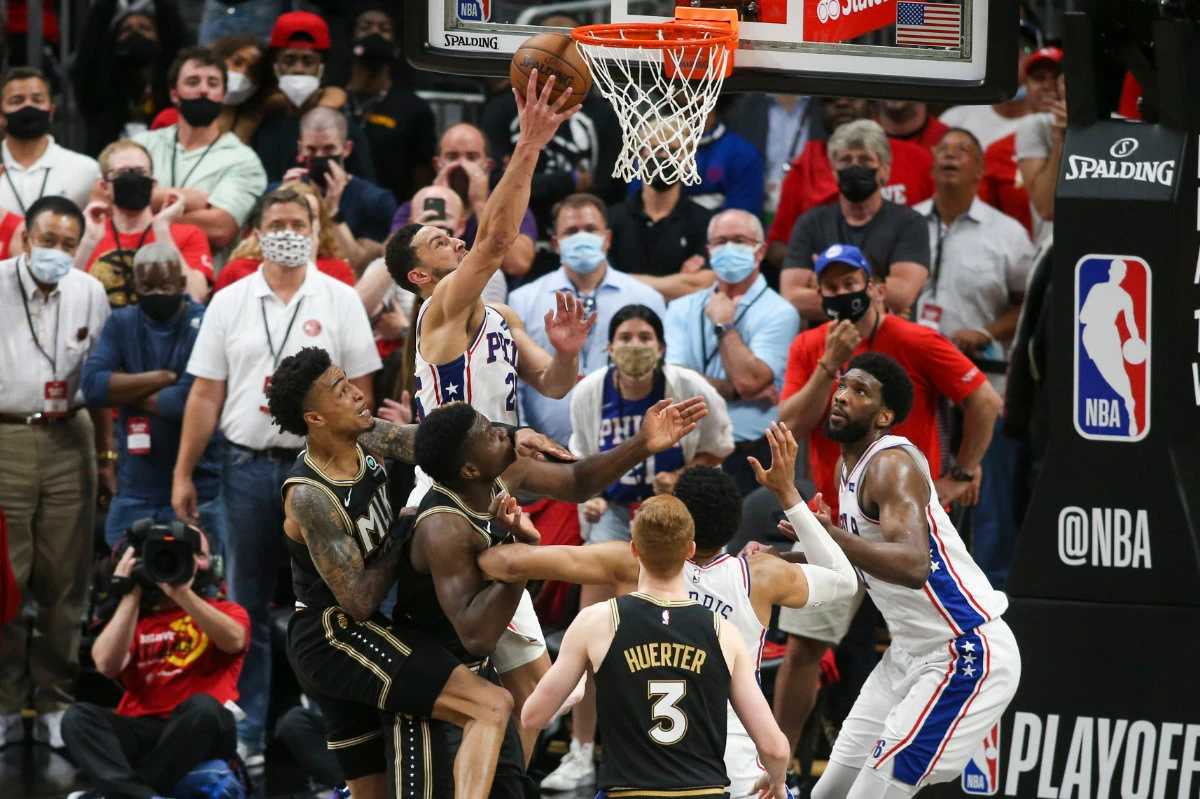 Ben Simmons reaches for a rebound during Game 4 of the 76ers-Hawks' second round playoff series on June 14, 2021 in Atlanta, US. (Brett Davis-USA TODAY Sports)