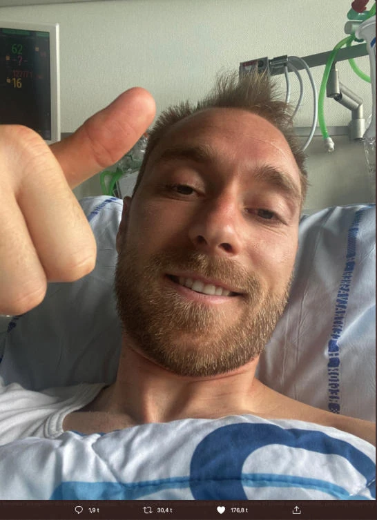 Denmark Football Union distributed image of Danish football player Christian Eriksen photographed at Rigshopitalet in Copenhagen on Tuesday. Eriksen, who collapsed on pitch during Denmark’s Saturday game, said he’s ‘fine’ in an Instagram post. (Supplied)