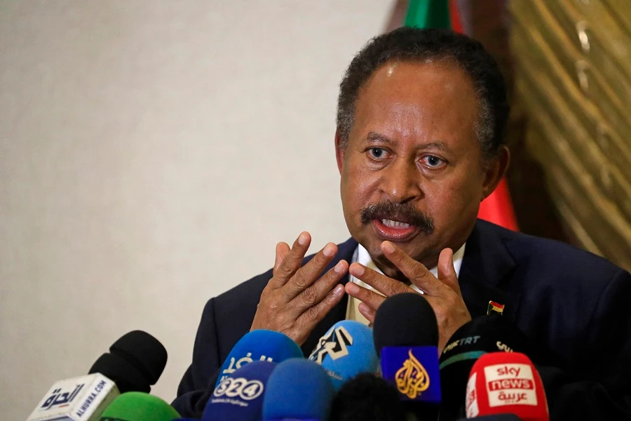 Sudanese Prime Minister Abdalla Hamdok holds a press conference at Khartoum airport in the Sudanese capital on May 19, 2021. (File/AFP)