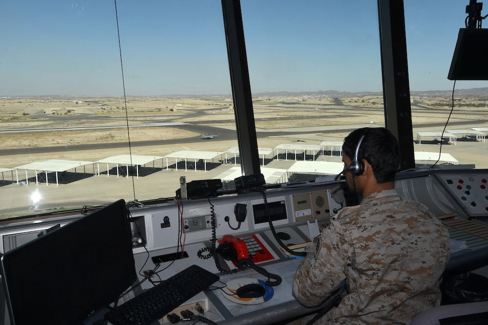 A picture shows a Saudi air traffic controller sitting in the control tower at the Khamis Mushayt military air base, some 880 km from the capital Riyadh. (File/AFP)