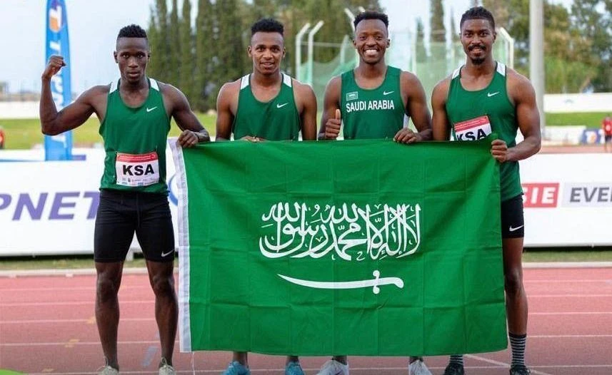 Saudi’s 4x100m relay team celebrates its gold medal win at the 2021 Arab Athletics Championship in Tunisia. (SPA)