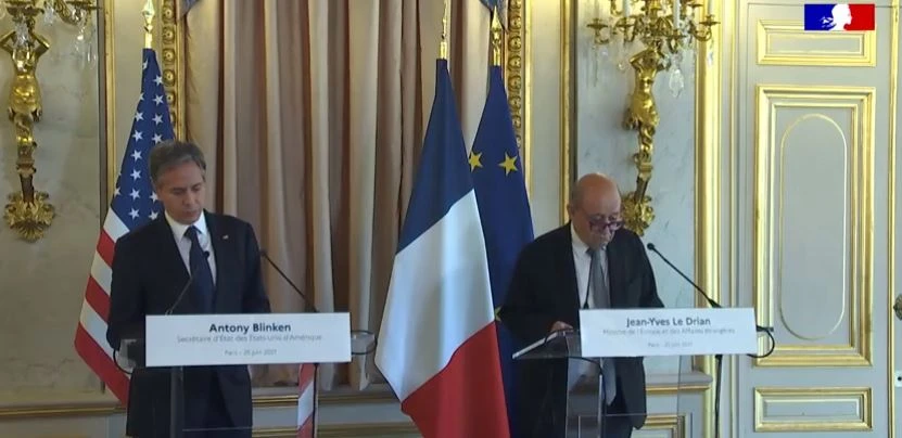 Antony Blinken and Jean-Yves Le Drian during the press conference. (Screenshot)
