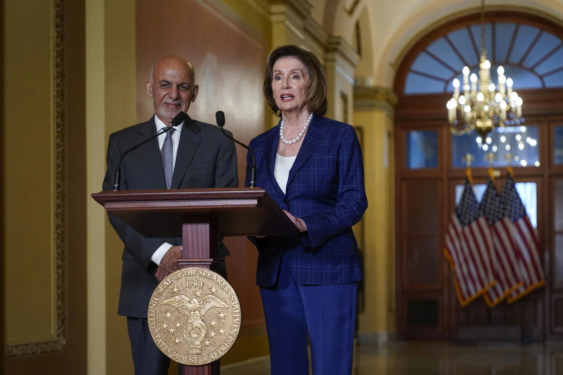 Speaker of the House Nancy Pelosi, D-Calif., welcomes Afghan President Ashraf Ghani, left, for a meeting at the Capitol in Washington, Friday, June 25, 2021. (AP Photo)