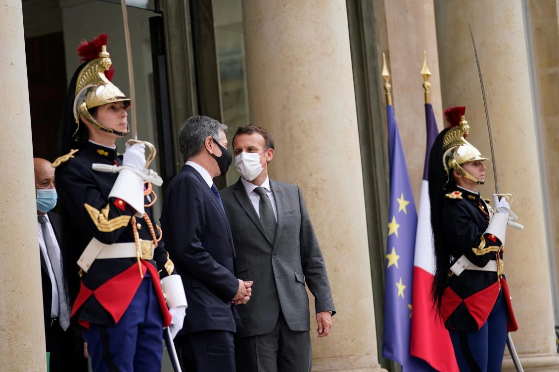 US Secretary of State Antony Blinken speaks with French President Emmanuel Macron after their meeting at the Elysee Palace in Paris, France, June 25, 2021. (Reuters)