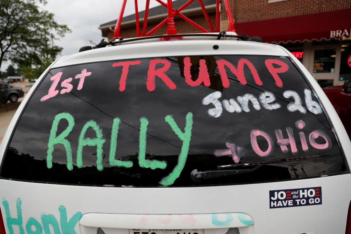 A car is painted in support of former US President Donald Trump’s first post-presidency campaign rally at the Lorain County Fairgrounds in Wellington, Ohio, US on June 25, 2021. (Reuters)