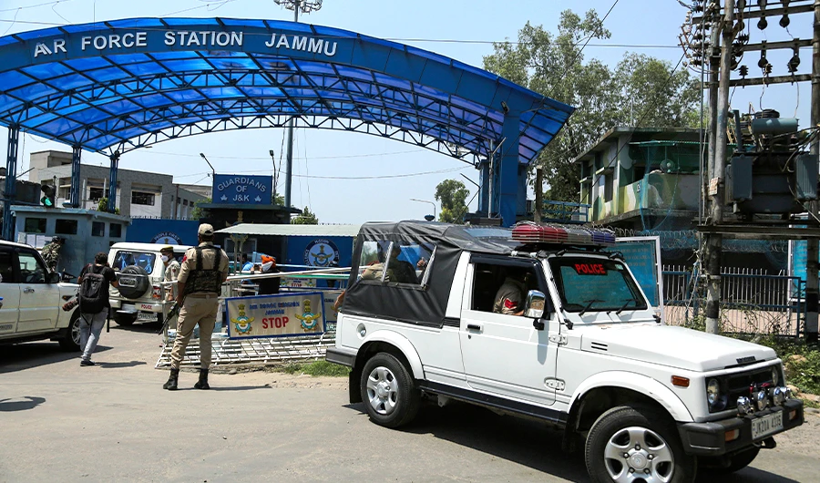 A National Investigation Agency team arrives at the Jammu air force station after two suspected blasts were reported early morning in Jammu, India, Sunday, June 27, 2021. (AP)