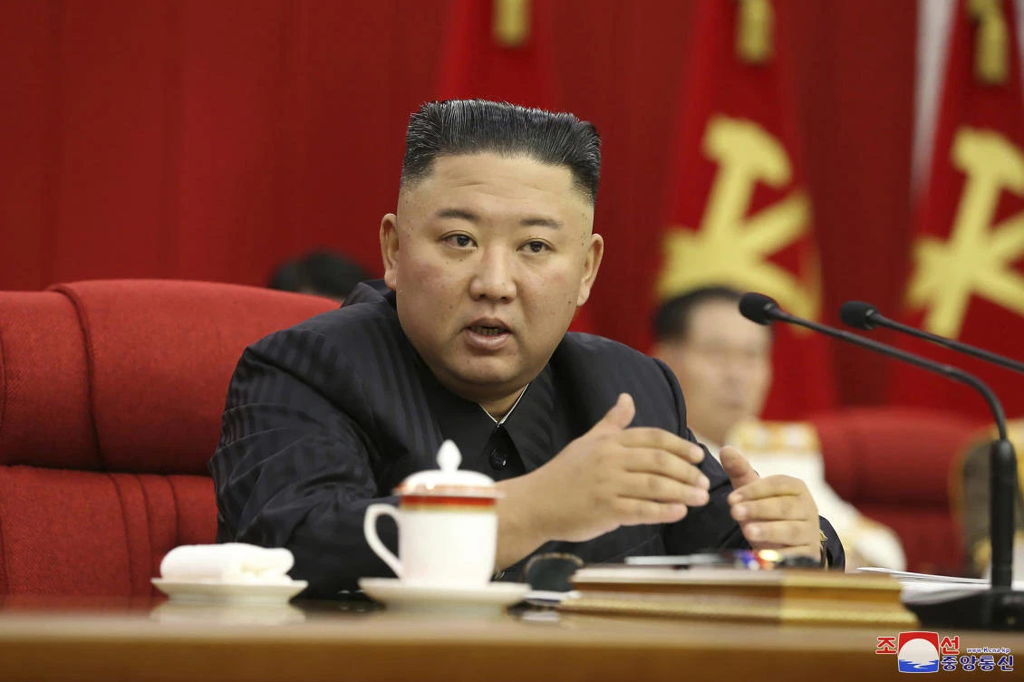 North Korean leader Kim Jong Un speaks during a Workers’ Party meeting in Pyongyang, North Korea, June 17, 2021. (AP Photo)
