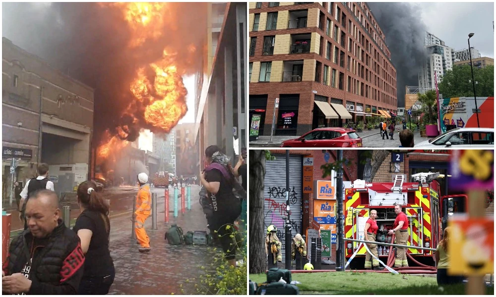 Over 100 firefighters brought under control a big fire near the central London train station of Elephant and Castle that sent huge plumes of black smoke over the capital Monday afternoon. (Reuters)