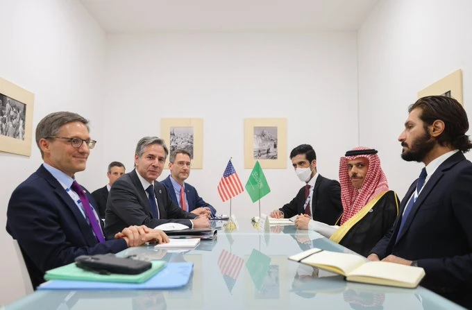 Prince Faisal bin Farhan and Antony Blinken meet on the sidelines of the G20 Foreign Affairs Ministers' meeting. (SPA)