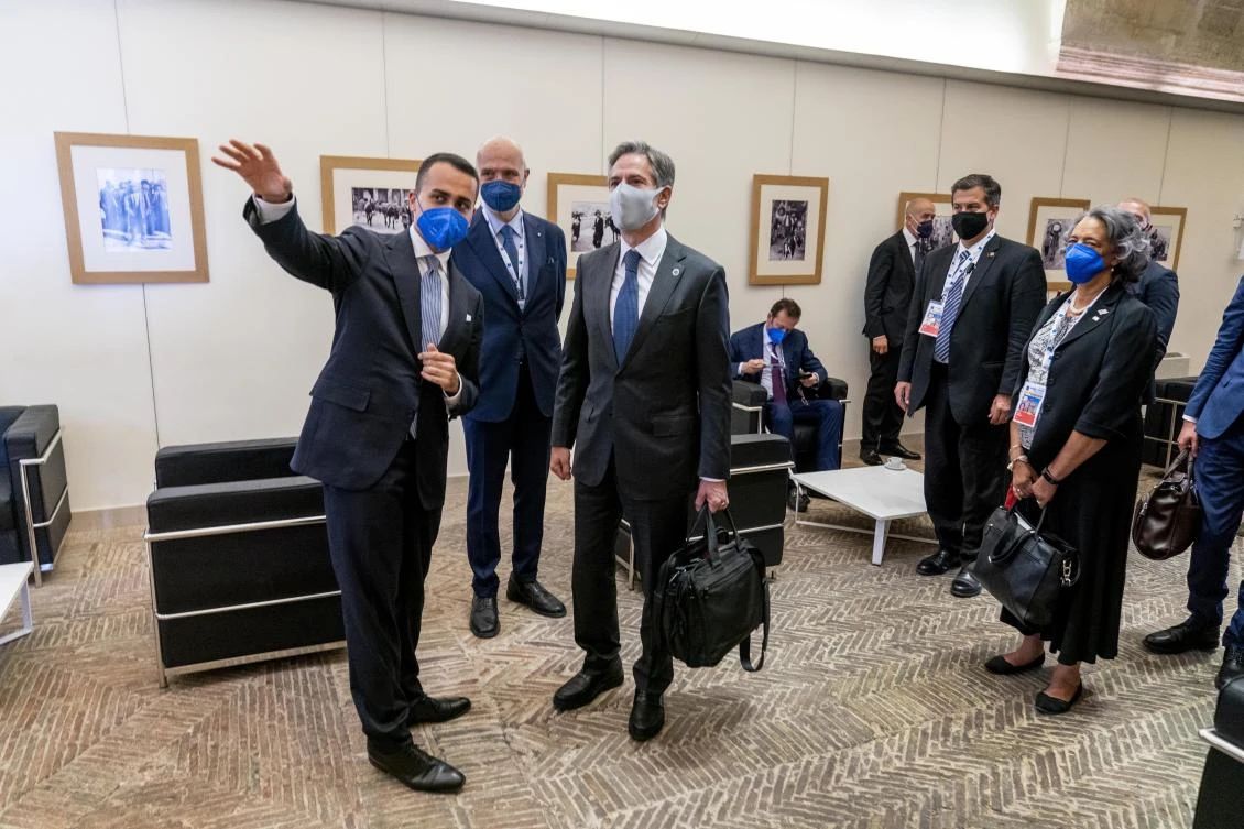 US Secretary of State Antony Blinken speaks with Italy’s Foreign Minister Luigi Di Maio as he arrives at a G20 foreign ministers meeting in Italy on Tuesday. (AP)