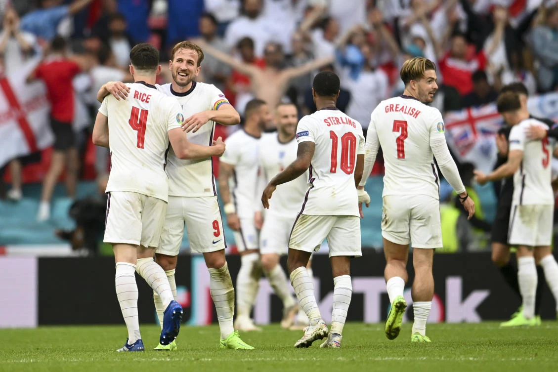England’s Declan Rice, Harry Kane, Raheem Sterling and Jack Grealish celebrate at Euro 2020 round 16 match against Germany at Wembley stadium after Tuesday’s 2-0 win. (AP)
