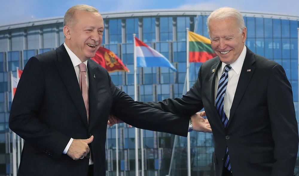 Turkish President Tayyip Erdogan meets with US President Joe Biden on the sidelines of the NATO summit in Brussels, Belgium June 14, 2021. (Reuters)