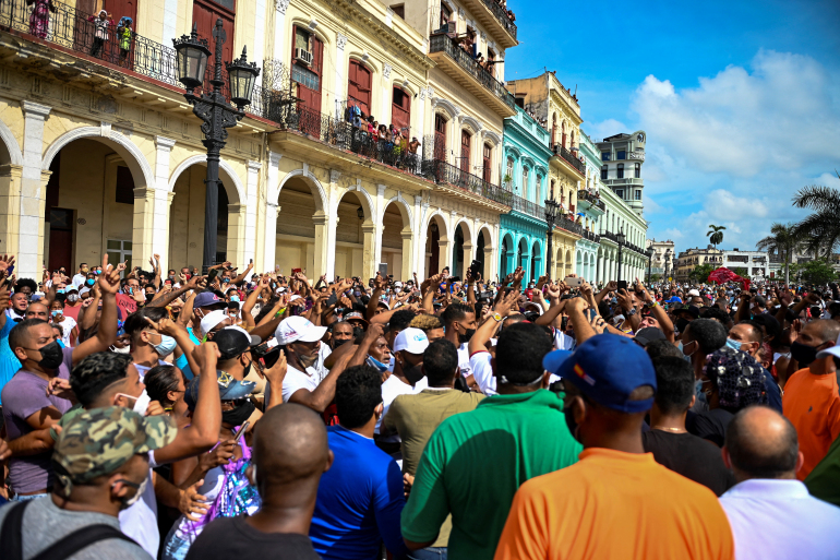 Protesters take part in a demonstration against the government of President Miguel Diaz-Canel in Havana, Cuba, July 11, 2021. (AFP)